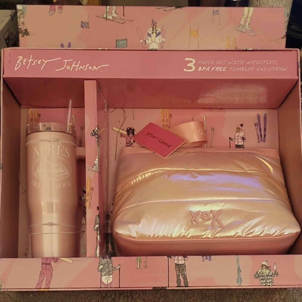 Betsey Johnson 3 Piece Pink Set with Wristlet, Tumbler, and Straw NIB